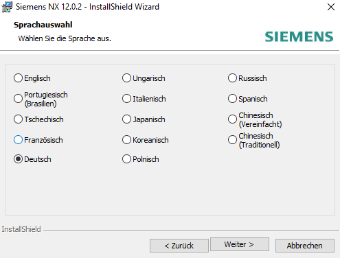 Siemens NX Sprachauswahl