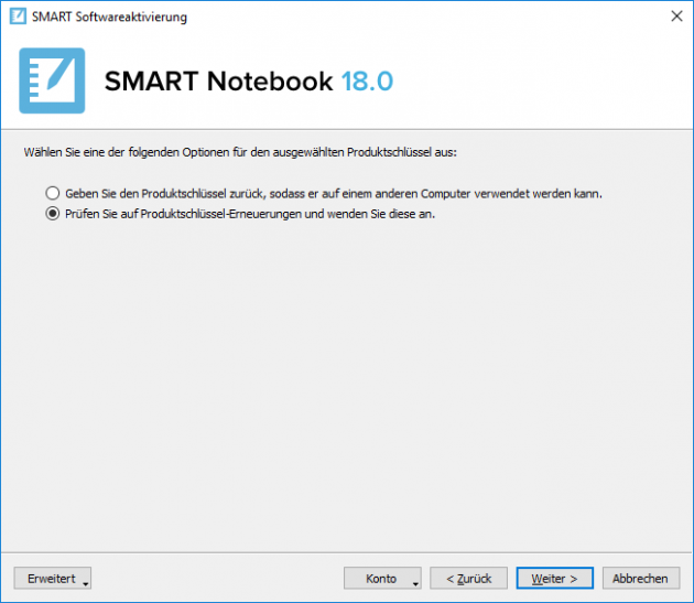 Smart Notebook: Prüfen des Produktschlüssels