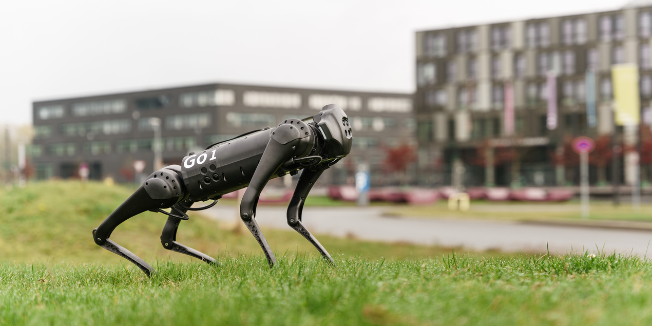 Der Roboterhund steht auf einer grünen Wiese vor dem Gebäude der FH Bielefeld